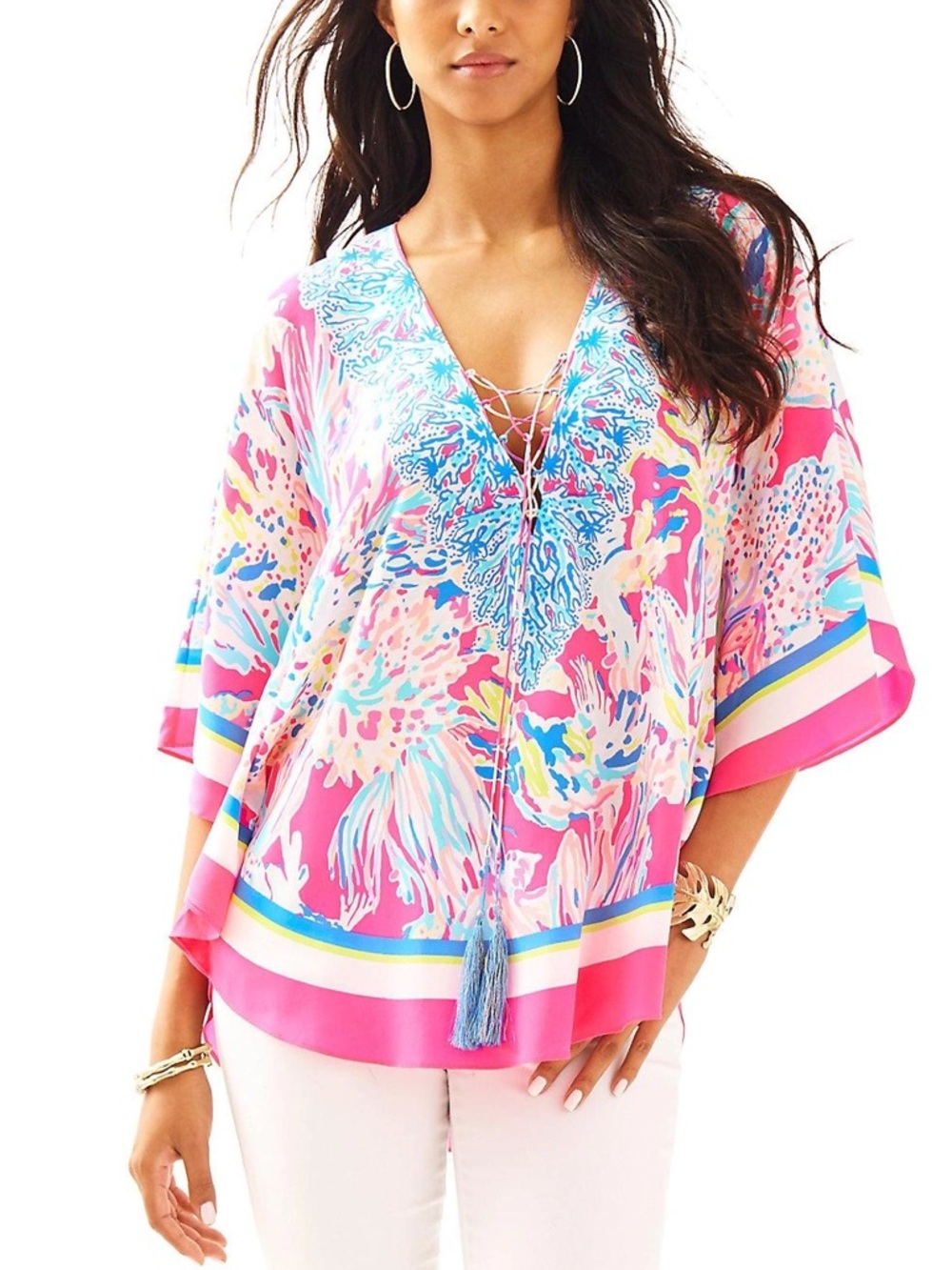 Lilly Pulitzer Pink Turquoise Floral Lace-Up Tunic